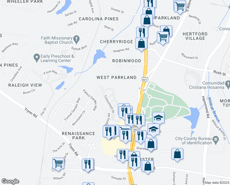 map of restaurants, bars, coffee shops, grocery stores, and more near 1015 Renewal Place in Raleigh