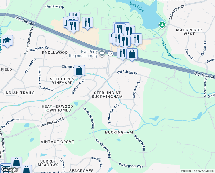 map of restaurants, bars, coffee shops, grocery stores, and more near 1023 North Wellonsburg Place in Apex