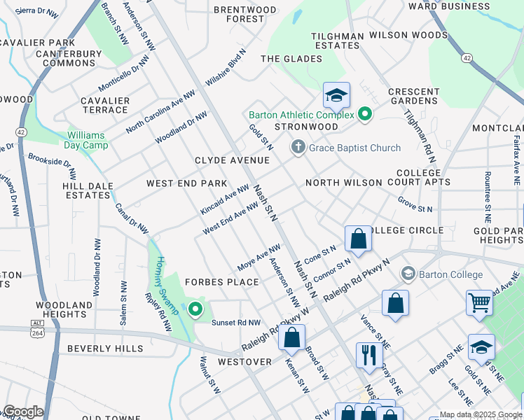 map of restaurants, bars, coffee shops, grocery stores, and more near 1201-1299 State Highway 58 in Wilson