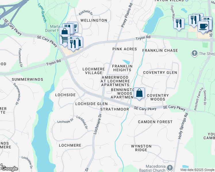 map of restaurants, bars, coffee shops, grocery stores, and more near 101 Ribbon Lane in Cary