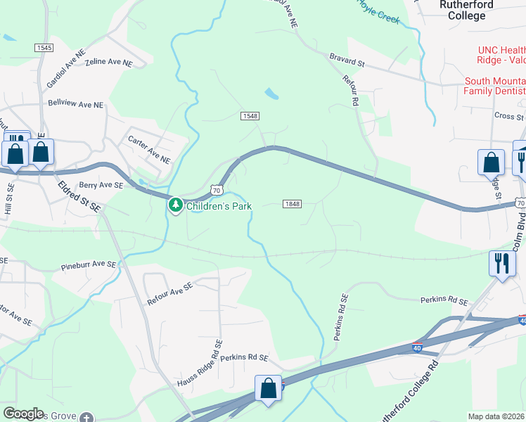 map of restaurants, bars, coffee shops, grocery stores, and more near 312 Cranbrook Avenue Southeast in Valdese