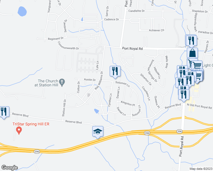 map of restaurants, bars, coffee shops, grocery stores, and more near 3106 Cathey Court in Spring Hill