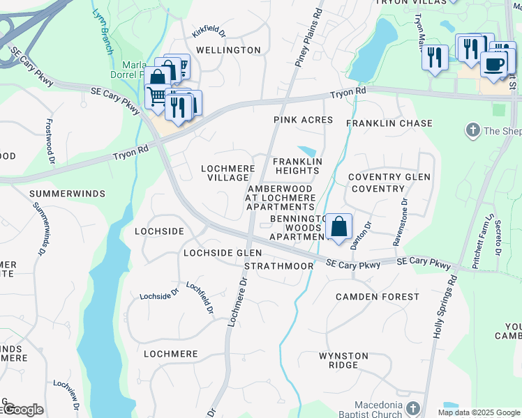 map of restaurants, bars, coffee shops, grocery stores, and more near 100 Eclipse Drive in Cary