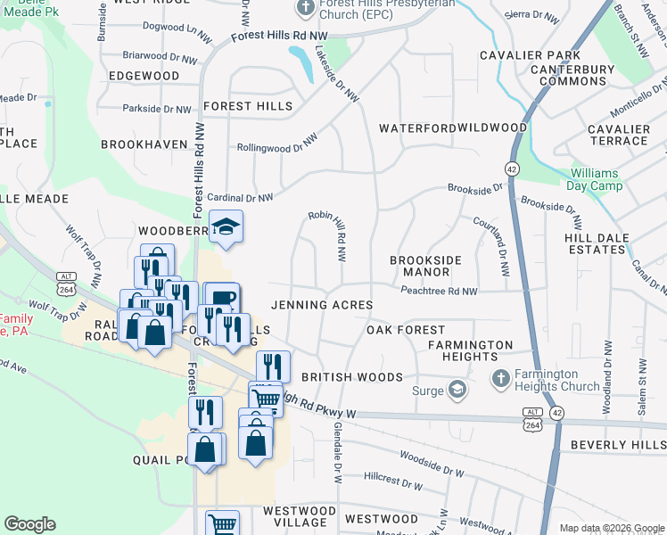 map of restaurants, bars, coffee shops, grocery stores, and more near 1106 Treemont Rd NW in Wilson