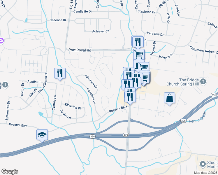 map of restaurants, bars, coffee shops, grocery stores, and more near 1140 Somerset Springs Drive in Spring Hill