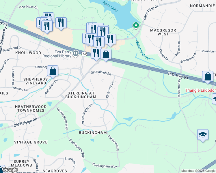 map of restaurants, bars, coffee shops, grocery stores, and more near 1008 Kingsway Drive in Apex