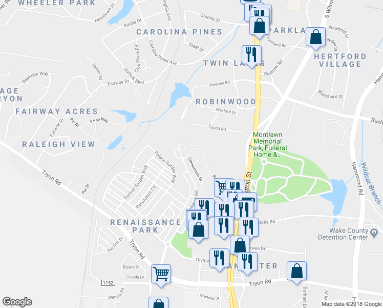 map of restaurants, bars, coffee shops, grocery stores, and more near 947 Consortium Drive in Raleigh