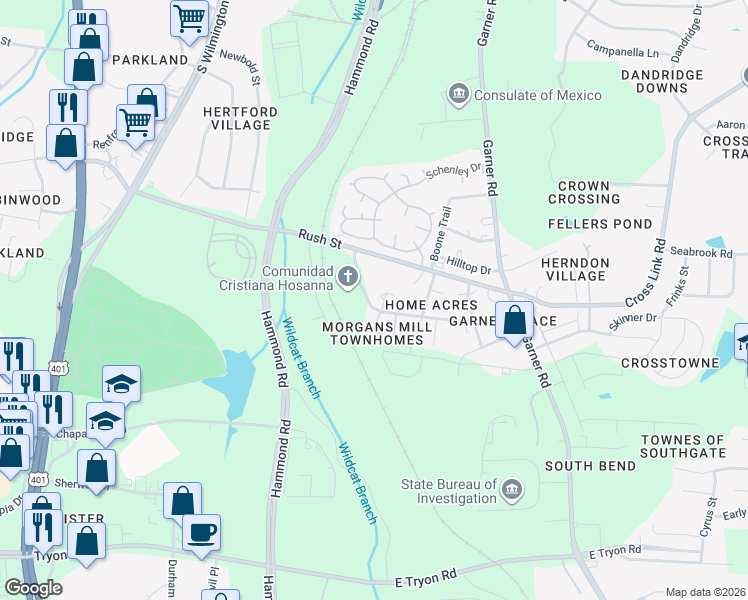 map of restaurants, bars, coffee shops, grocery stores, and more near 2924 Old Mill Stream Court in Raleigh