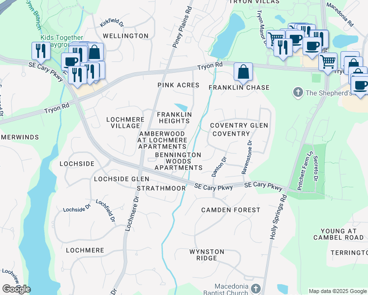map of restaurants, bars, coffee shops, grocery stores, and more near 108-198 Ribbon Lane in Cary