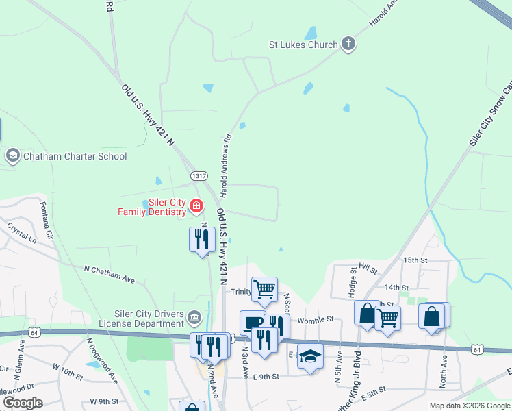 map of restaurants, bars, coffee shops, grocery stores, and more near 135 Roland Marsh Road in Siler City