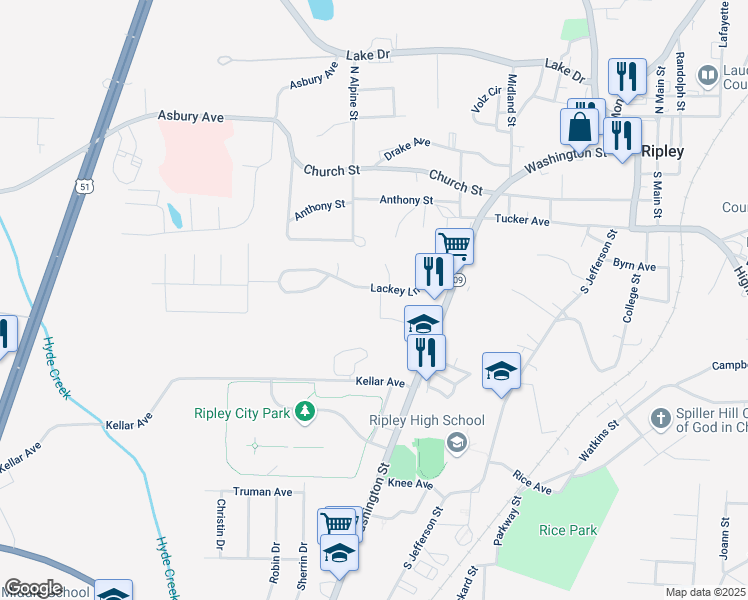 map of restaurants, bars, coffee shops, grocery stores, and more near 248 Lackey Lane in Ripley