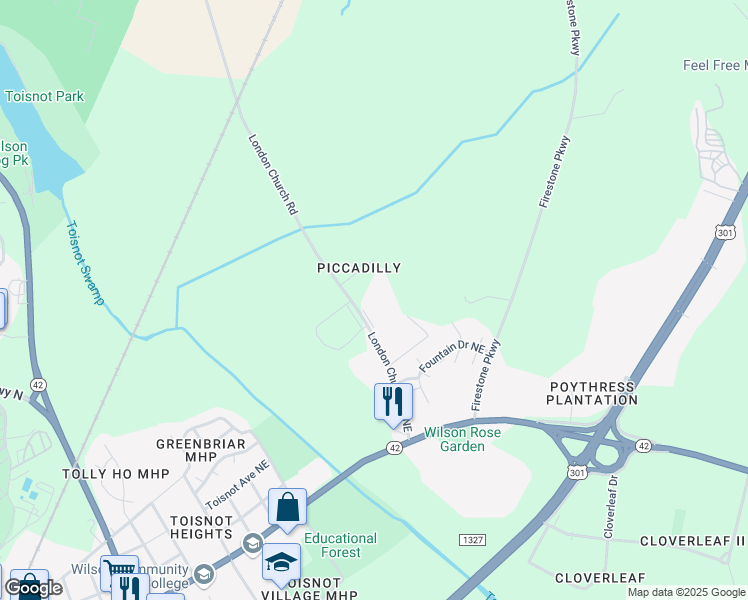 map of restaurants, bars, coffee shops, grocery stores, and more near 1800 Quality Drive in Wilson