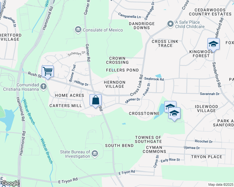 map of restaurants, bars, coffee shops, grocery stores, and more near 2812 Laodicea Drive in Raleigh