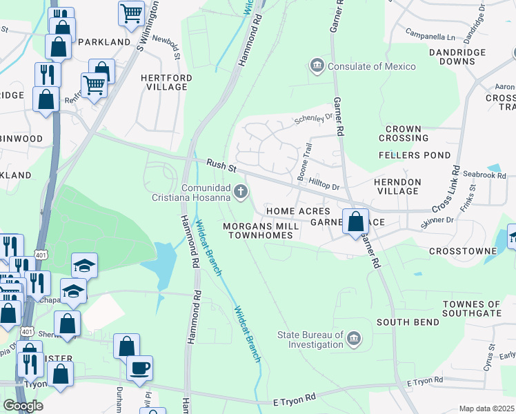 map of restaurants, bars, coffee shops, grocery stores, and more near 2924 Old Mill Stream Court in Raleigh