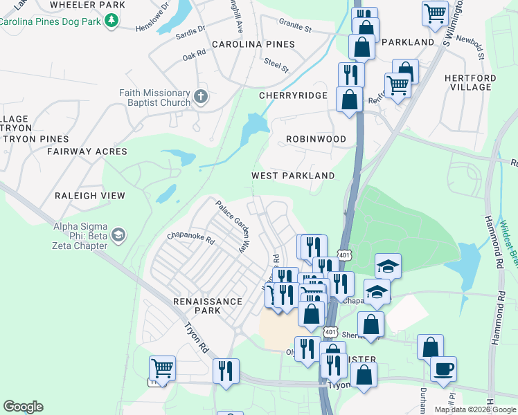 map of restaurants, bars, coffee shops, grocery stores, and more near 932 Ileagnes Road in Raleigh
