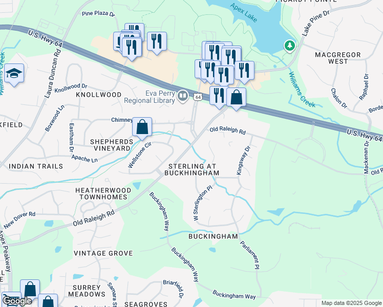 map of restaurants, bars, coffee shops, grocery stores, and more near 1023 North Wellonsburg Place in Apex