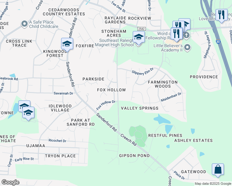 map of restaurants, bars, coffee shops, grocery stores, and more near 2721 Big Oak Street in Raleigh