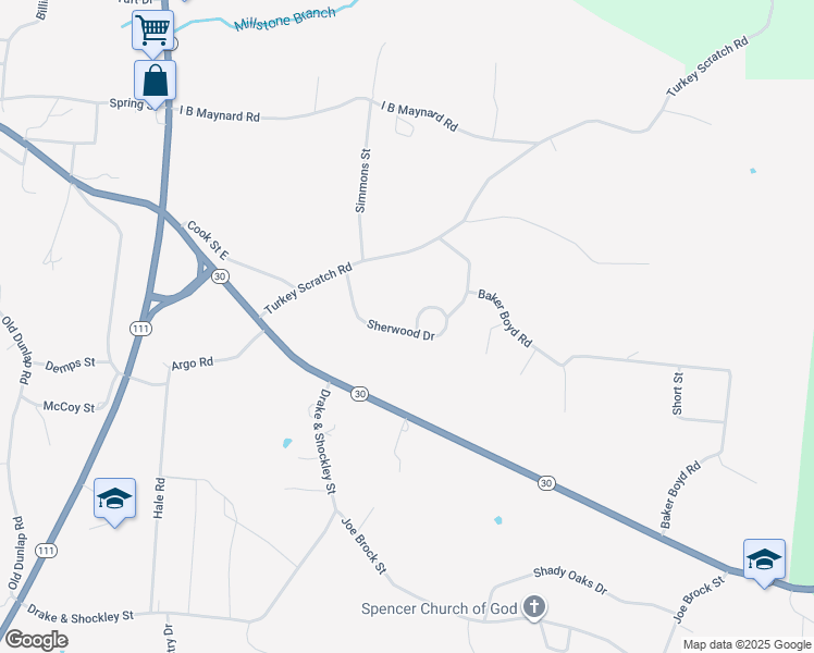 map of restaurants, bars, coffee shops, grocery stores, and more near 263 Friar Tuck Loop in Spencer