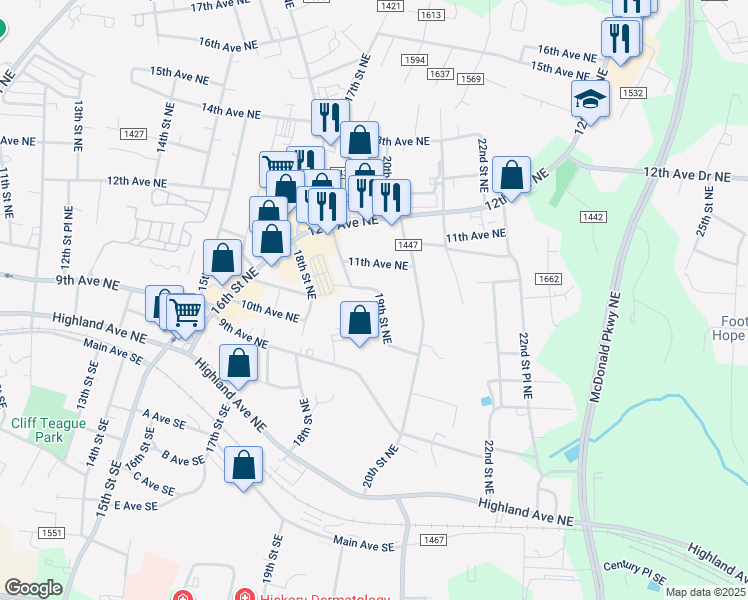 map of restaurants, bars, coffee shops, grocery stores, and more near 1067 19th Street Northeast in Hickory