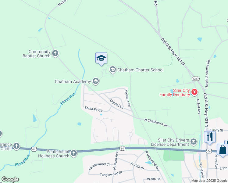 map of restaurants, bars, coffee shops, grocery stores, and more near Fontana Circle in Siler City