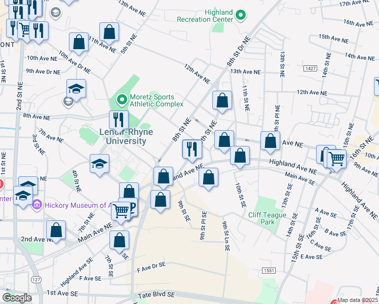 map of restaurants, bars, coffee shops, grocery stores, and more near 867 9th Street Northeast in Hickory