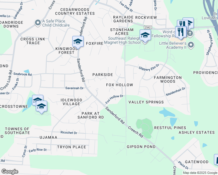 map of restaurants, bars, coffee shops, grocery stores, and more near 2820 Sourwood Street in Raleigh