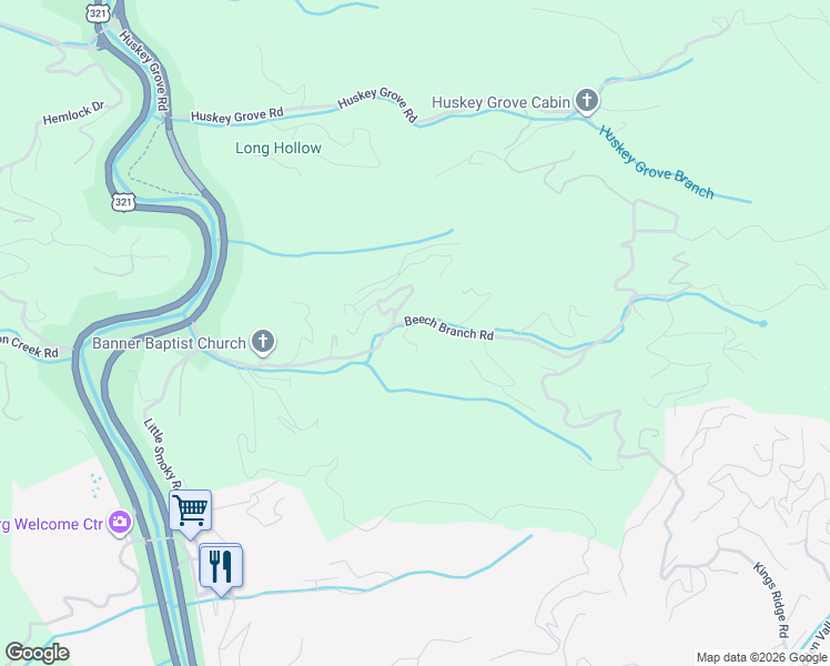 map of restaurants, bars, coffee shops, grocery stores, and more near 282 Beech Branch Road in Gatlinburg
