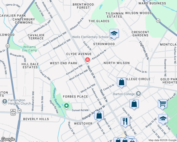 map of restaurants, bars, coffee shops, grocery stores, and more near 1201-1299 State Highway 58 in Wilson
