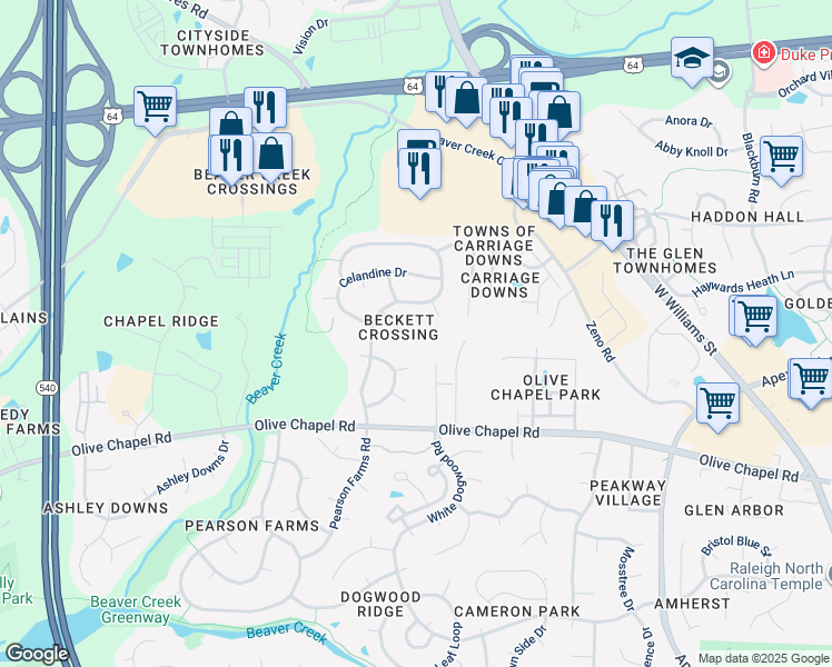 map of restaurants, bars, coffee shops, grocery stores, and more near 1201 Cairphilly Castle Court in Apex