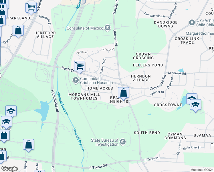 map of restaurants, bars, coffee shops, grocery stores, and more near 512 Rush Street in Raleigh