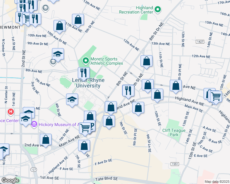 map of restaurants, bars, coffee shops, grocery stores, and more near 850 8th Street Northeast in Hickory