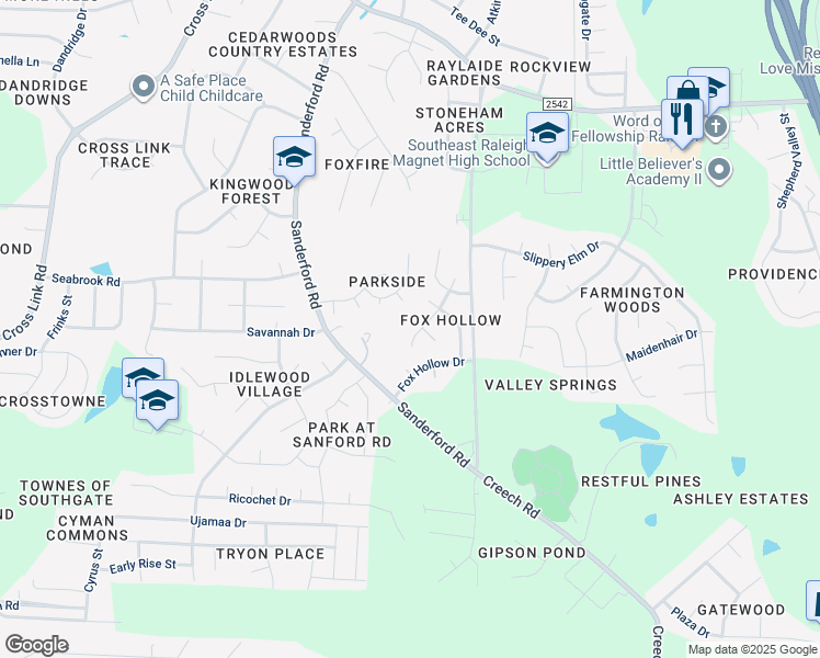 map of restaurants, bars, coffee shops, grocery stores, and more near 2820 Sourwood Street in Raleigh