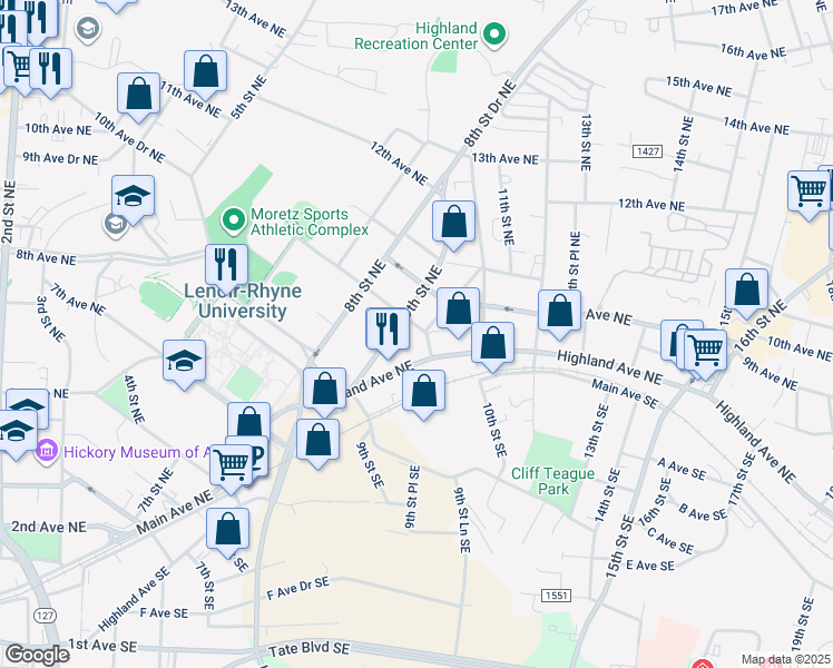map of restaurants, bars, coffee shops, grocery stores, and more near 922 9th Avenue Northeast in Hickory