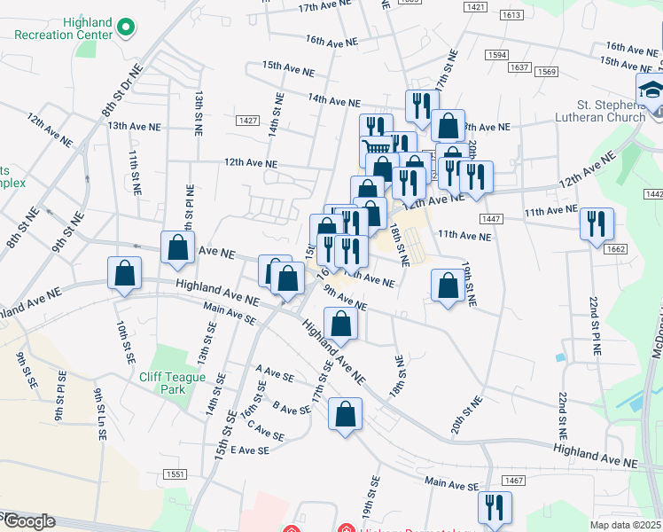 map of restaurants, bars, coffee shops, grocery stores, and more near 1601 10th Avenue Northeast in Hickory
