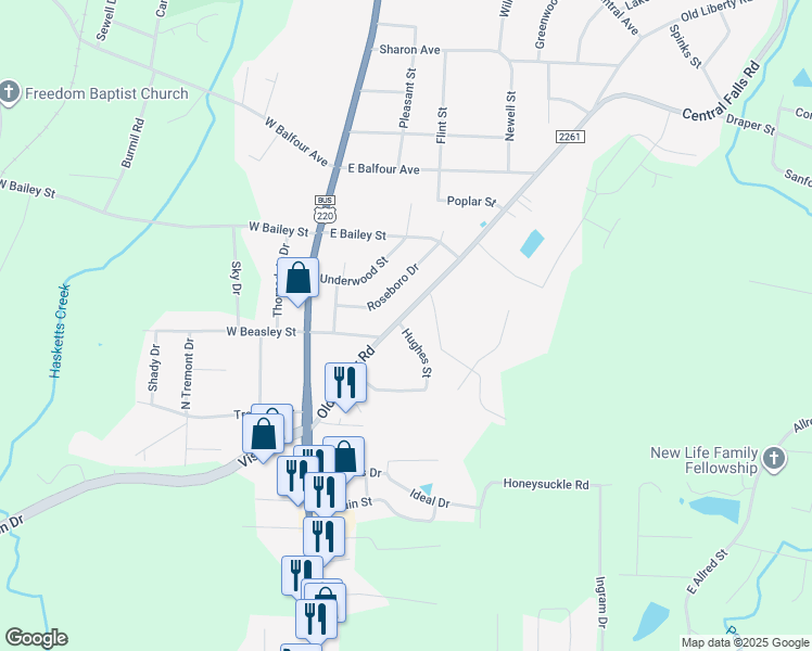 map of restaurants, bars, coffee shops, grocery stores, and more near 312 Old Liberty Road in Asheboro
