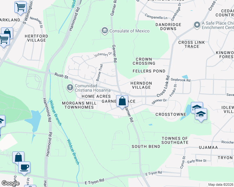 map of restaurants, bars, coffee shops, grocery stores, and more near 622 Rush Street in Raleigh