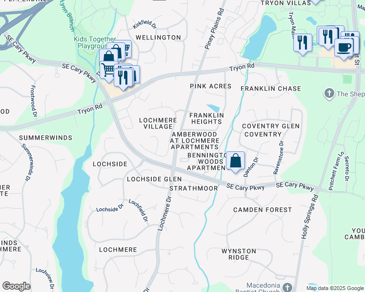 map of restaurants, bars, coffee shops, grocery stores, and more near 101 Ribbon Lane in Cary