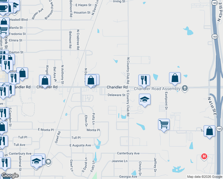 map of restaurants, bars, coffee shops, grocery stores, and more near 3519 Chandler Road in Muskogee