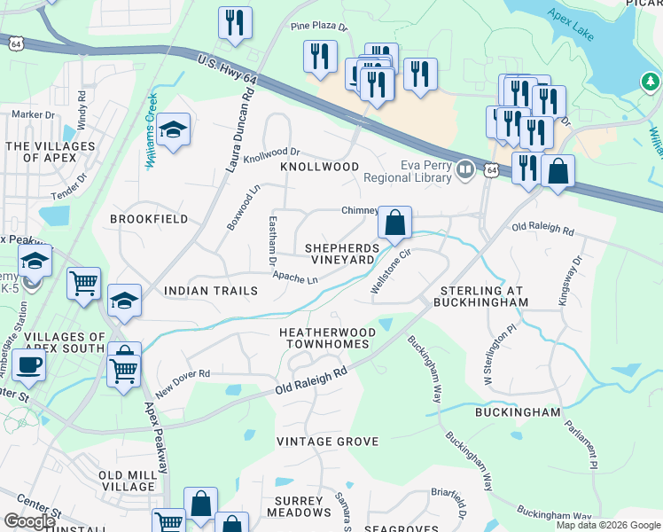 map of restaurants, bars, coffee shops, grocery stores, and more near 1319 Apache Lane in Apex