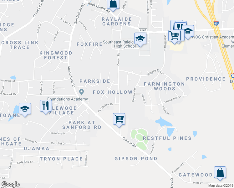 map of restaurants, bars, coffee shops, grocery stores, and more near 2719 Big Oak Street in Raleigh
