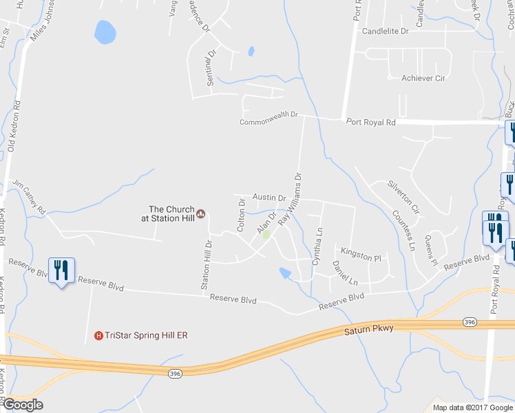 map of restaurants, bars, coffee shops, grocery stores, and more near Corey Court in Spring Hill