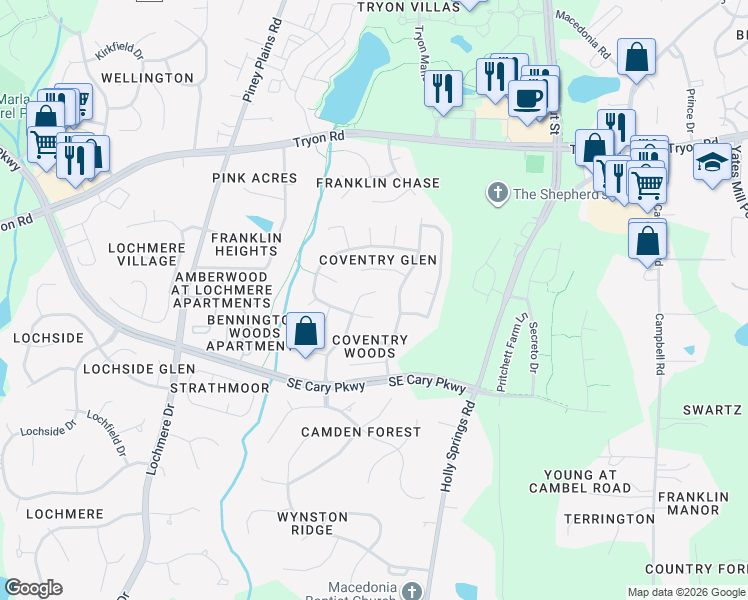 map of restaurants, bars, coffee shops, grocery stores, and more near 410 Danton Drive in Cary