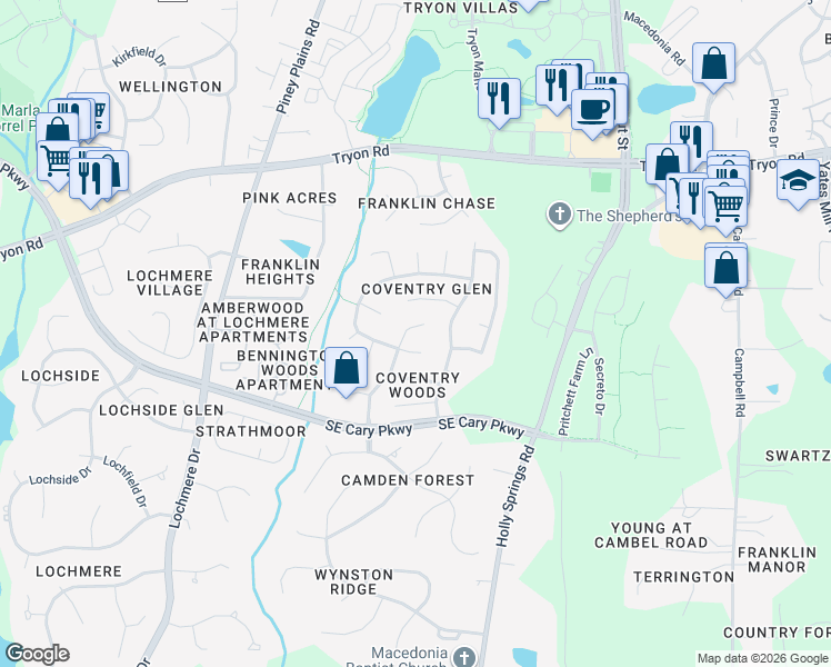 map of restaurants, bars, coffee shops, grocery stores, and more near 410 Danton Drive in Cary