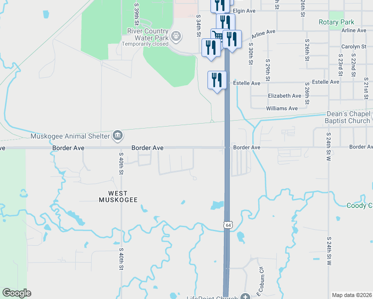 map of restaurants, bars, coffee shops, grocery stores, and more near 3509 Border Avenue in Muskogee