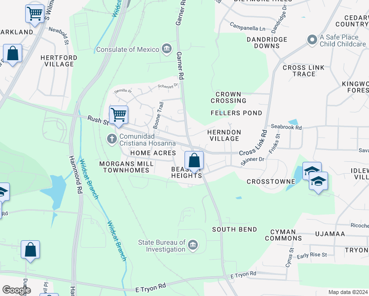map of restaurants, bars, coffee shops, grocery stores, and more near 618 Rush Street in Raleigh