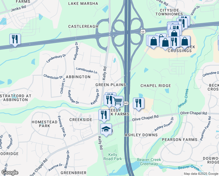 map of restaurants, bars, coffee shops, grocery stores, and more near 2228 Red Knot Lane in Apex