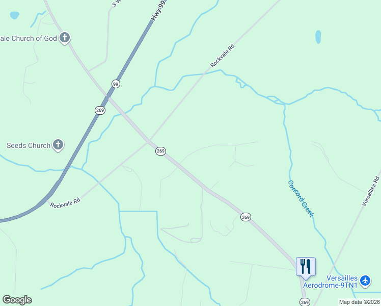 map of restaurants, bars, coffee shops, grocery stores, and more near 9271 Concord Road in Rockvale