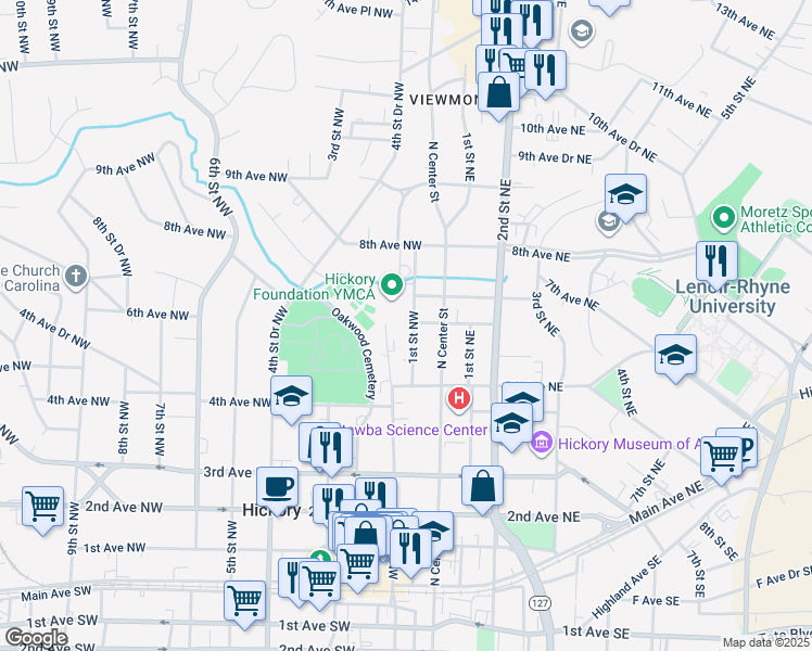 map of restaurants, bars, coffee shops, grocery stores, and more near 567 1st Street Northeast in Hickory