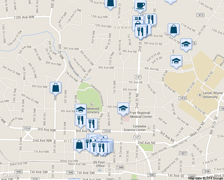 map of restaurants, bars, coffee shops, grocery stores, and more near 567 1st Street Northwest in Hickory