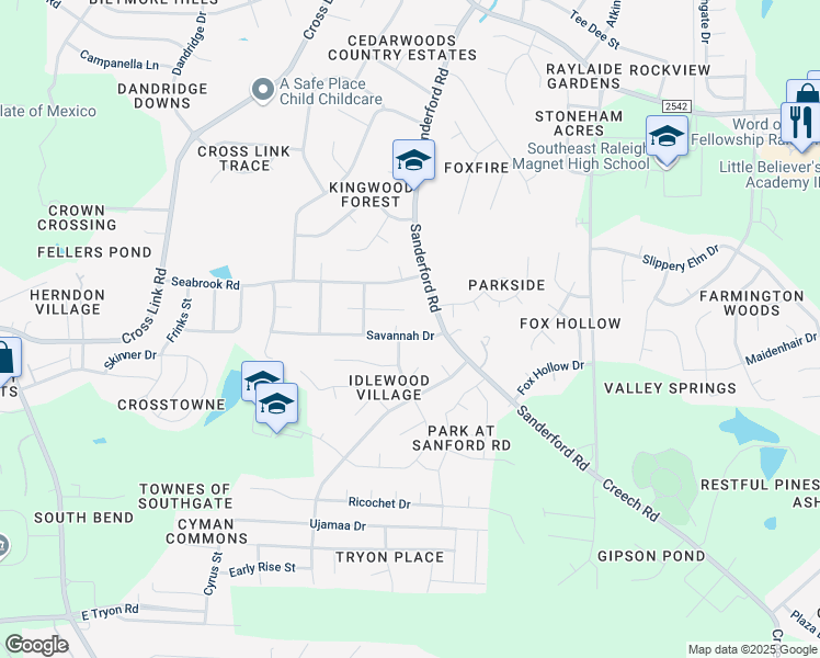 map of restaurants, bars, coffee shops, grocery stores, and more near 1405 Savannah Drive in Raleigh